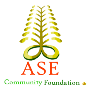 ASE Logo - Fern in yellow gold with red text ASE and green text Community Foundation