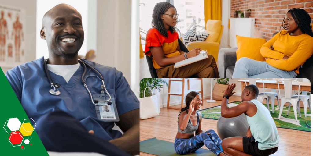 Collage of three images: Black doctor smiling (left), Black women counselor listening to black client (top right) and black women working with personal trainer (bottom right)