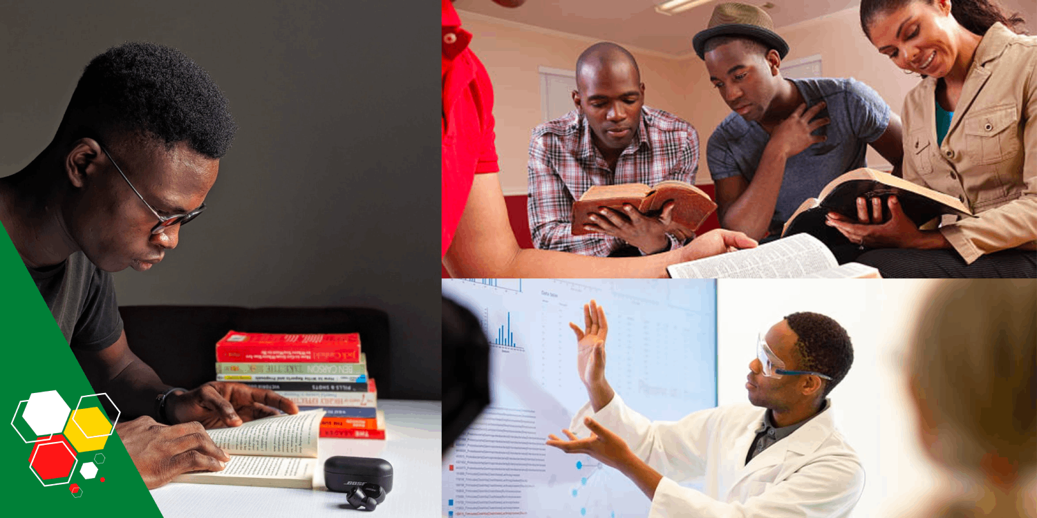 Collage of three images: Black man reading a book (left), A group of black people reading text in a group (top right) and a black man in a lab coat with experiment held in the air during a presentation (right bottom).